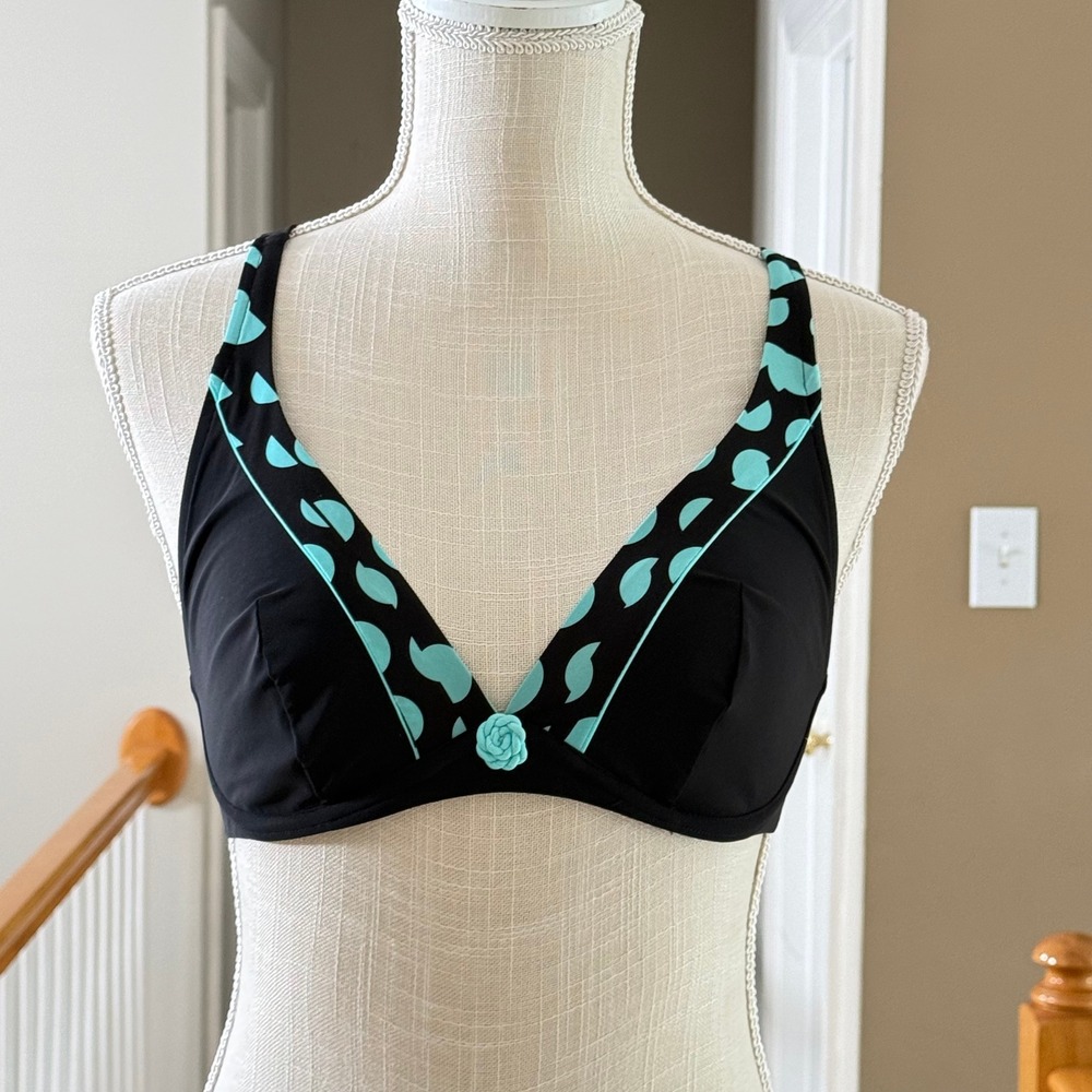 Lise Charmel Esthetic Astral Bikini Top Black Aqua Blue 32E‎ NWT